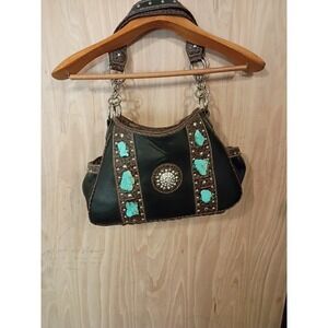 Western-style Handbag With Faux Leather, Stud, And Turquoise Stone Embellishment